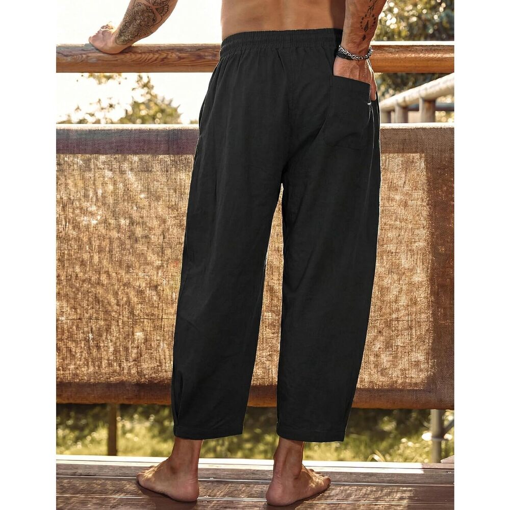 Men's Cotton Linen Harem Pants Drawstring Casual Cropped Trousers - Picture 3 of 6
